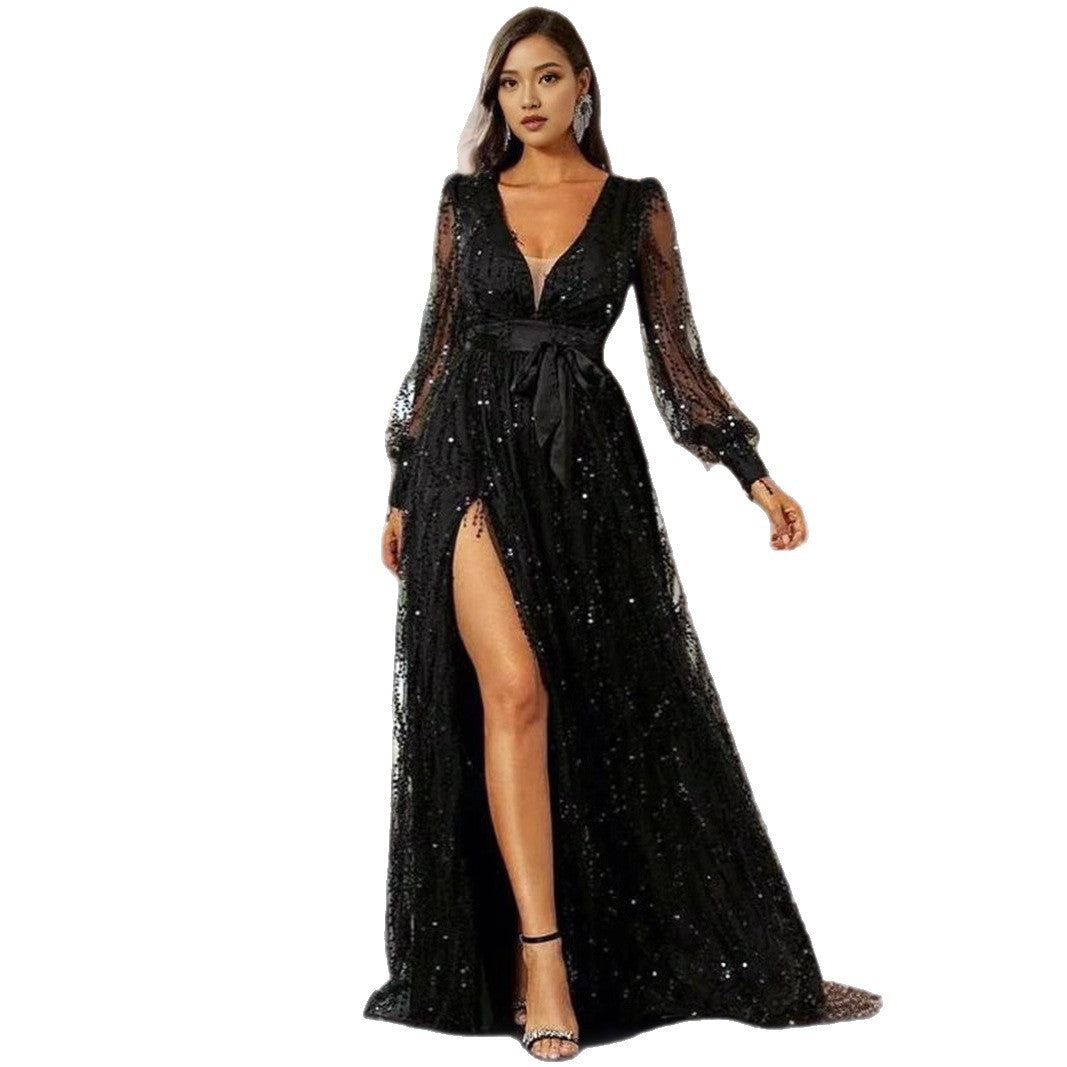 Women's Autumn Mesh Sequins Swing Banquet Long Dresses