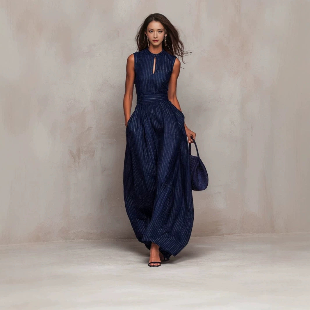 Women's Deep Blue Stripes Sleeveless Waist Wide Leg Long Graceful Women's Jumpsuit/clothing