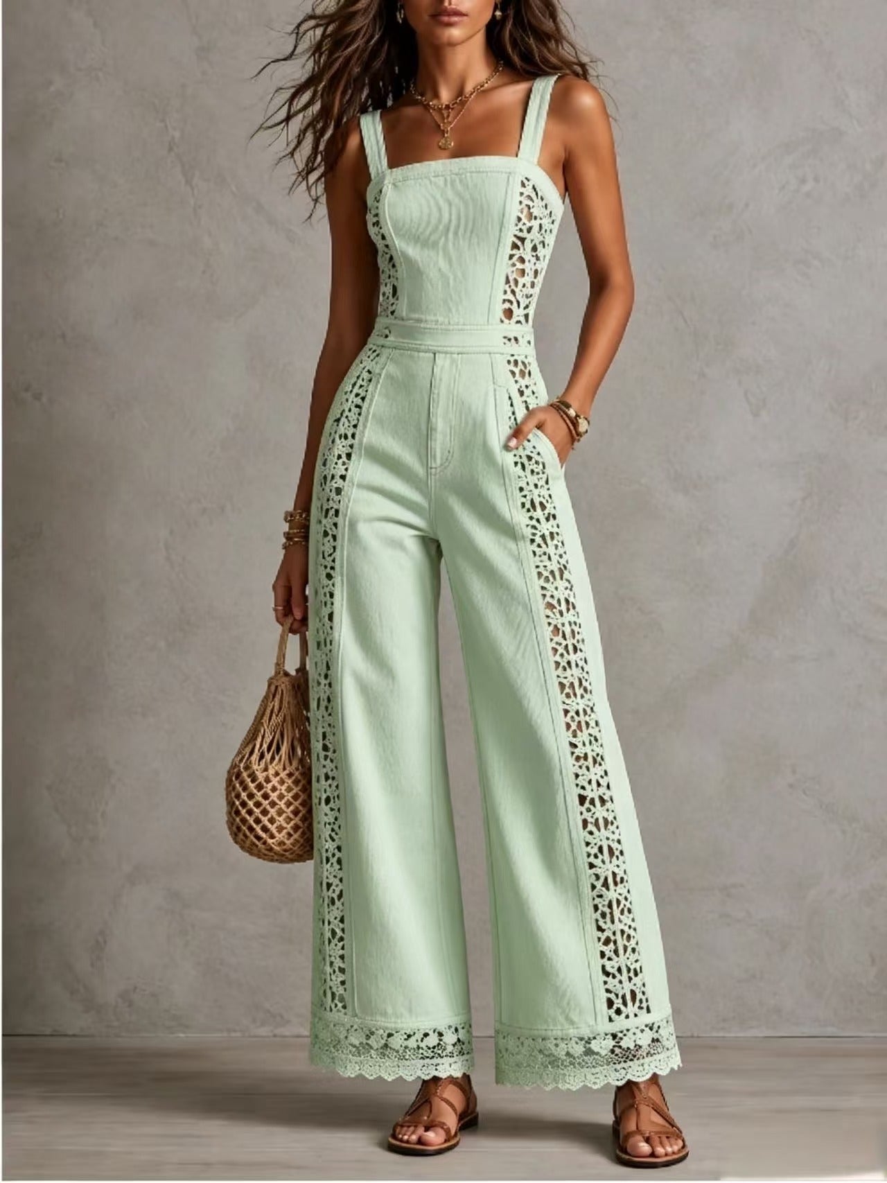 Women's Vacation Style Hollow Crochet Denim Lace Ruffled High Waist Wide Women's Jumpsuit/clothing