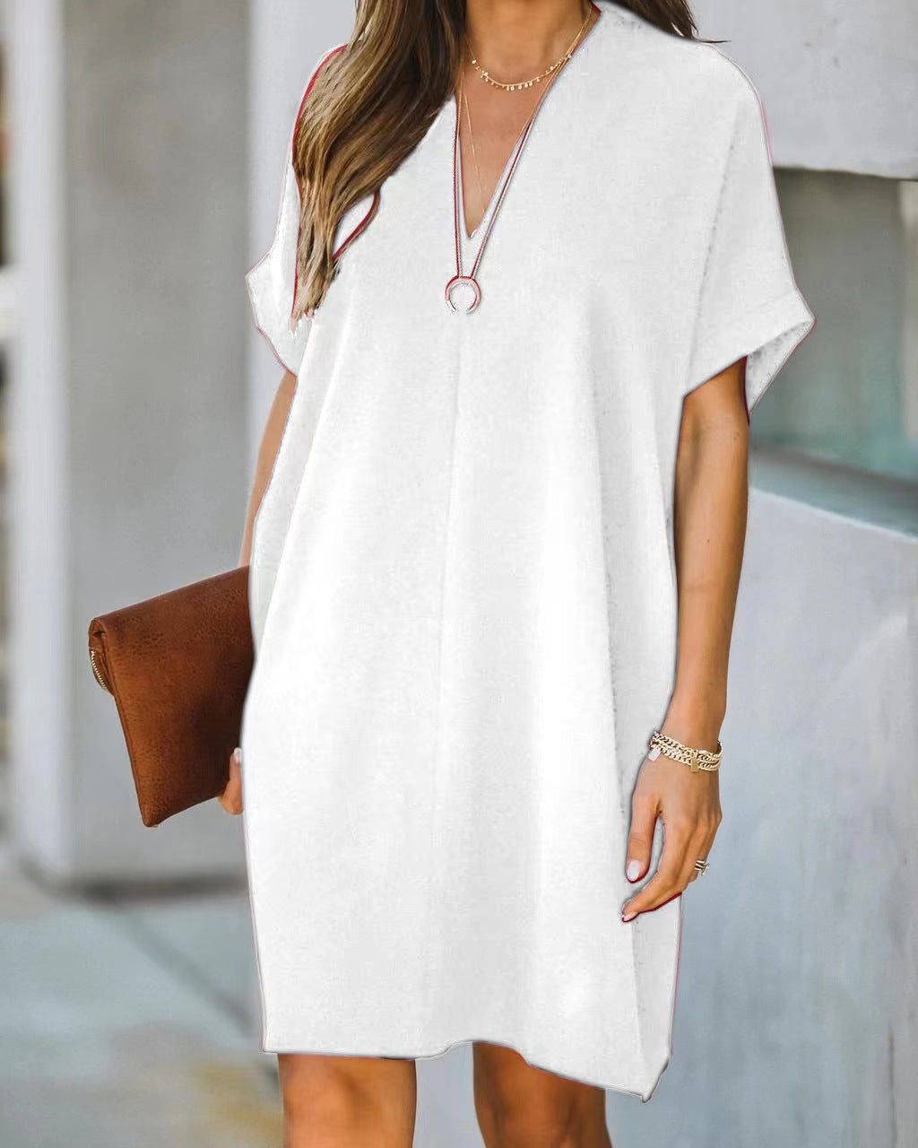 Solid Color Short-sleeved Stitching Seersucker High Waist Dress