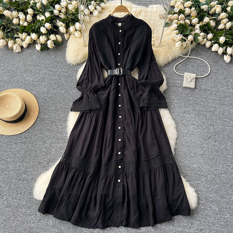 Women's Dress Stand-up Collar Flared Sleeves Waist Single-breasted Dresses