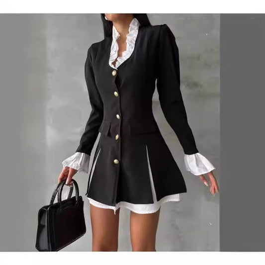 Women's Long Sleeve Stitching Solid Color Buttons A- Line Two-piece Suits