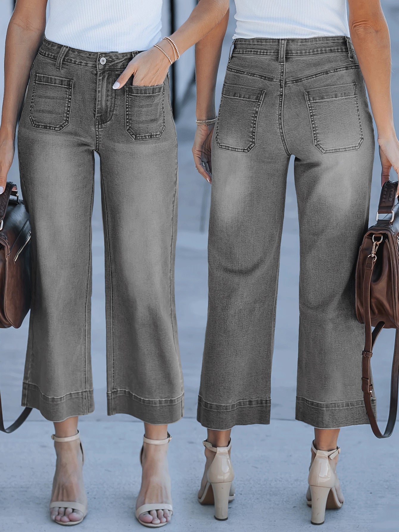 Loose Slimming Wide Leg Washed Cropped Women's Jeans