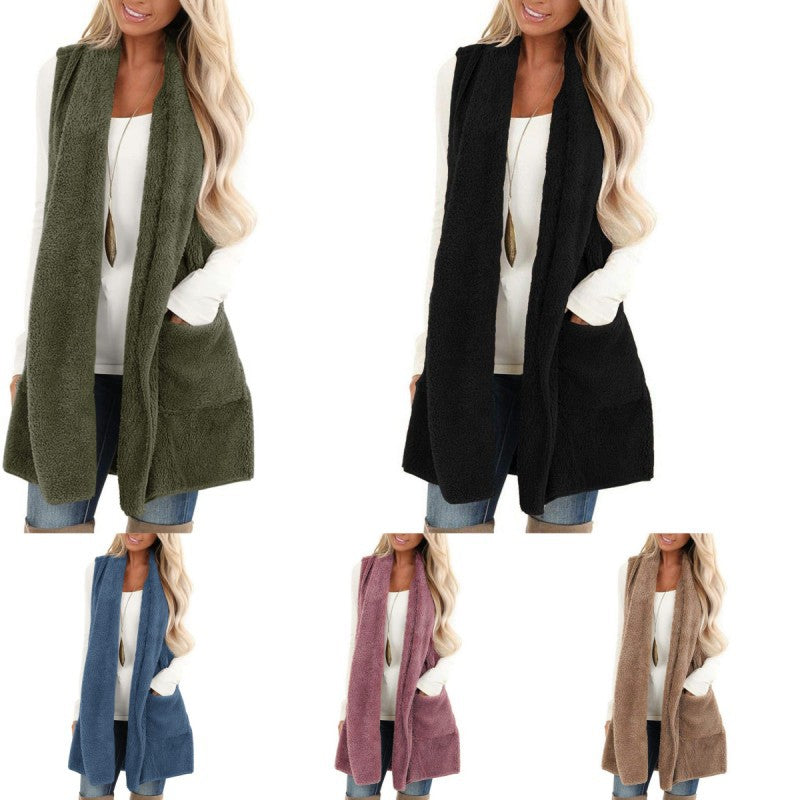 Women's Loose Fashion Solid Color Pocket Sleeveless Plush Large Women's Vest