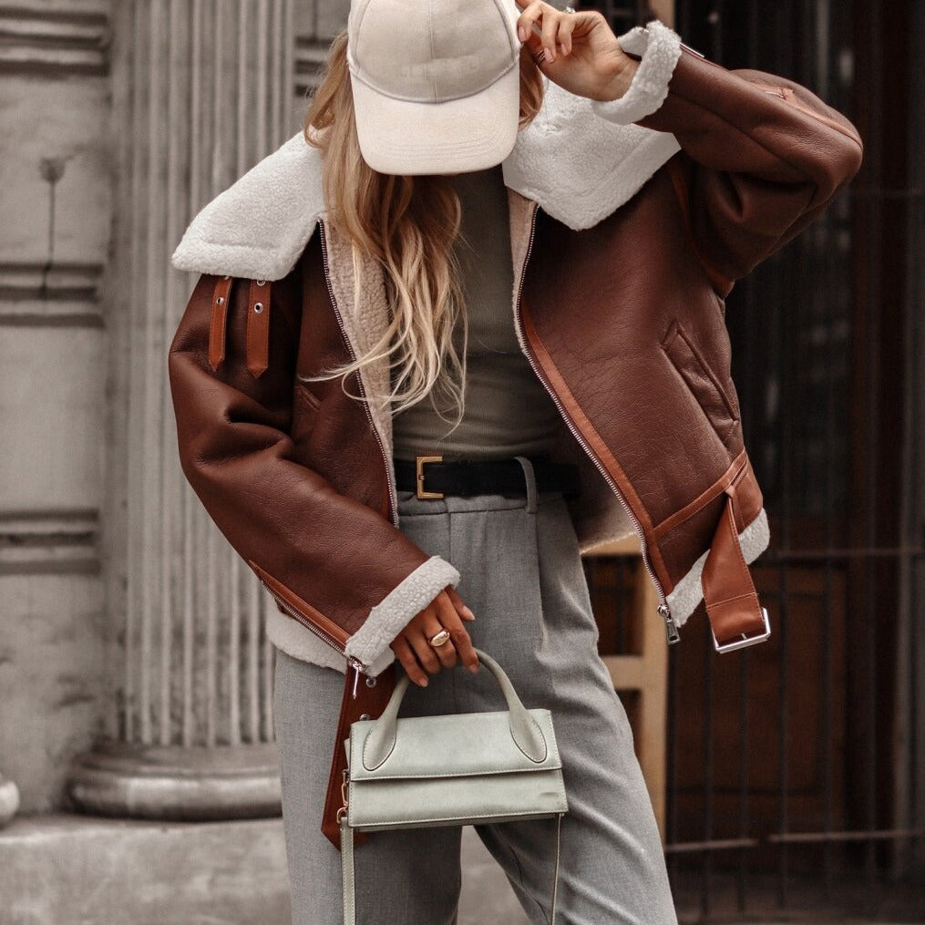 Women's Outerwear Large Lapel Motorcycle Single-layer Fleece-lined Jackets