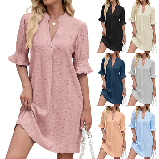 Women's Solid Color Jacquard Half Sleeve Loose Dress
