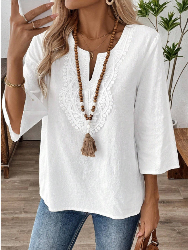 Women's Loose Solid Color Lace Stitching Sleeve Women's T-shirt