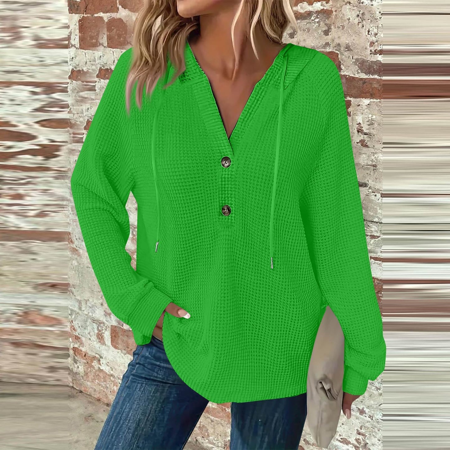 Women's Hoodie Waffle Knit Drawstring Button Long Sleeve Pullover Leisure Sweaters