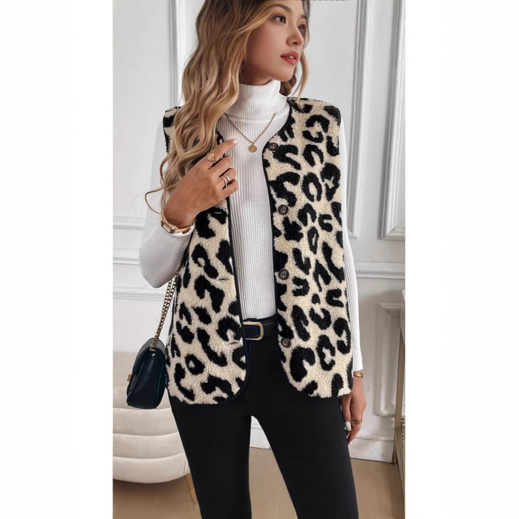 Leopard Print Front Button Plush Fashion Women's Vest