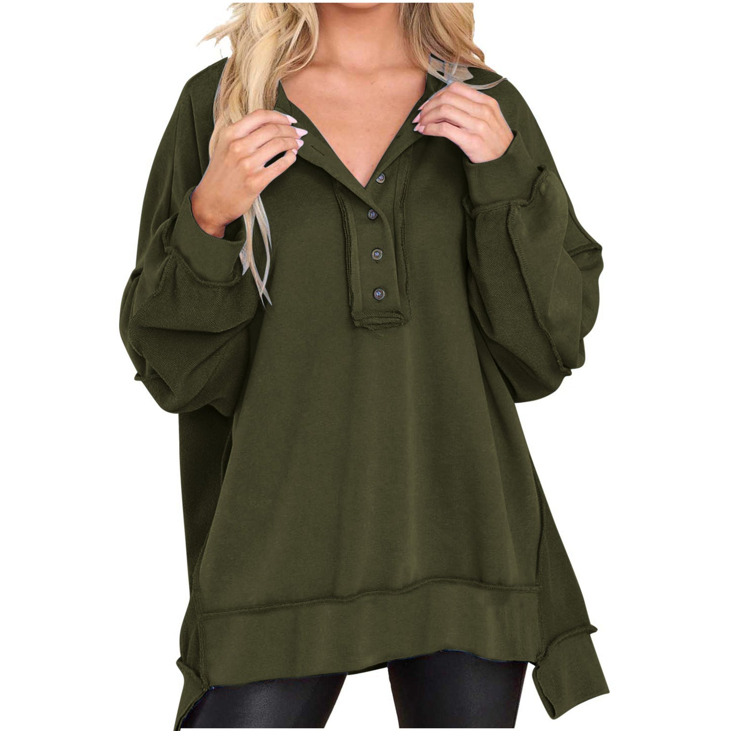 Women's Round Neck Solid Color Buttons Loose Tops