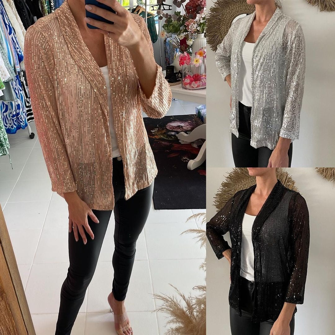 Women's Spring Sequined Long Sleeve Elegant Mid-length Lapel Color Small Suit