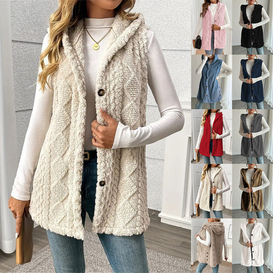 Solid Color Double-sided Plush Hooded Button Women's Vest