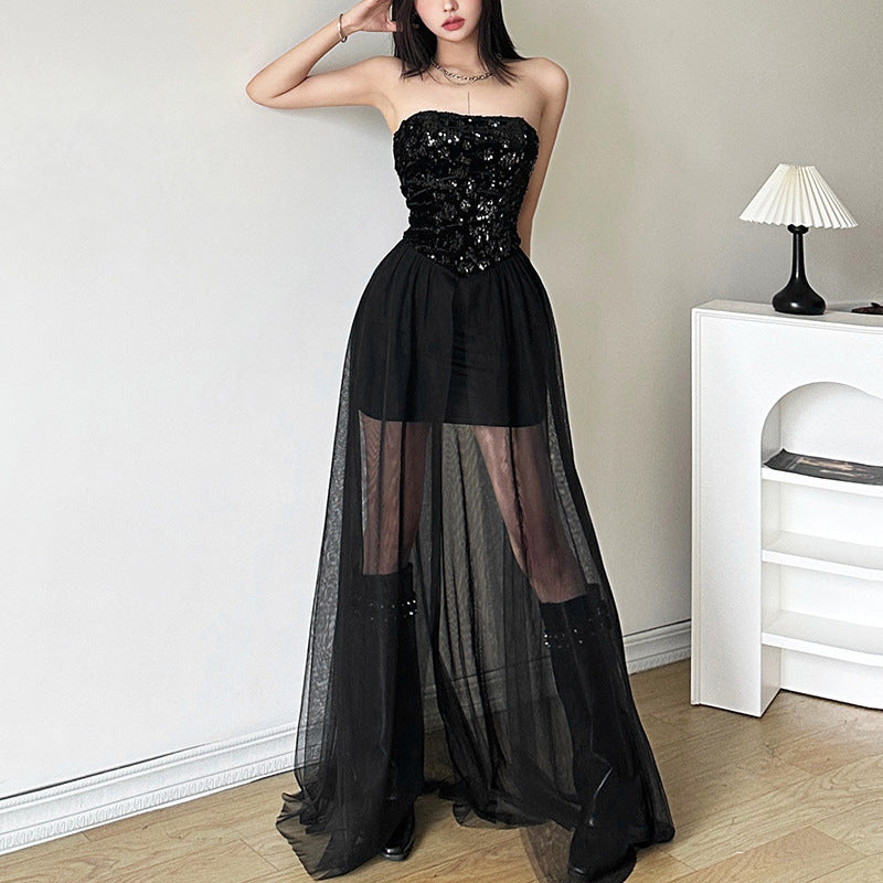 Women's Tube Sequined Mesh Stitching High Waist Dresses