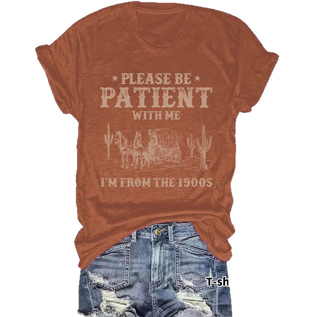 Women's Denim Retro Pattern Round Neck Sleeve Shorts