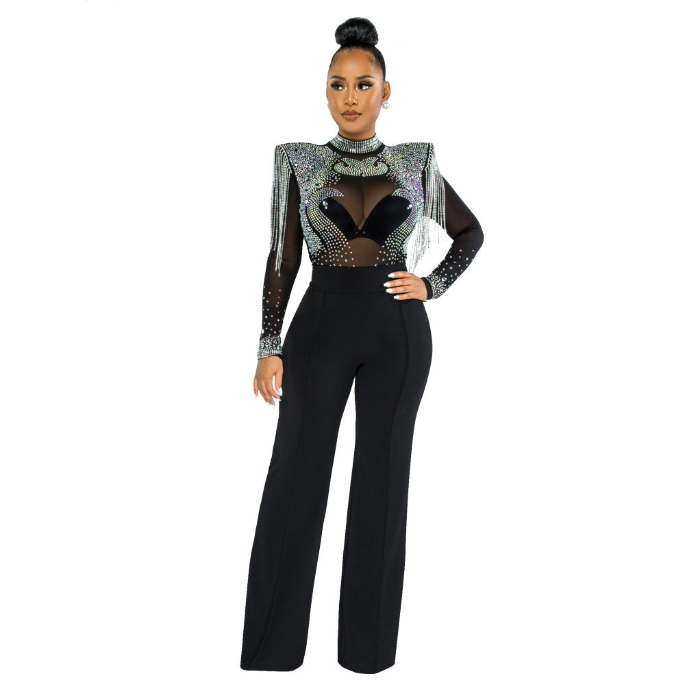 Rhinestone Tassel Shoulder Cotton Polyester Mesh Jumpsuits