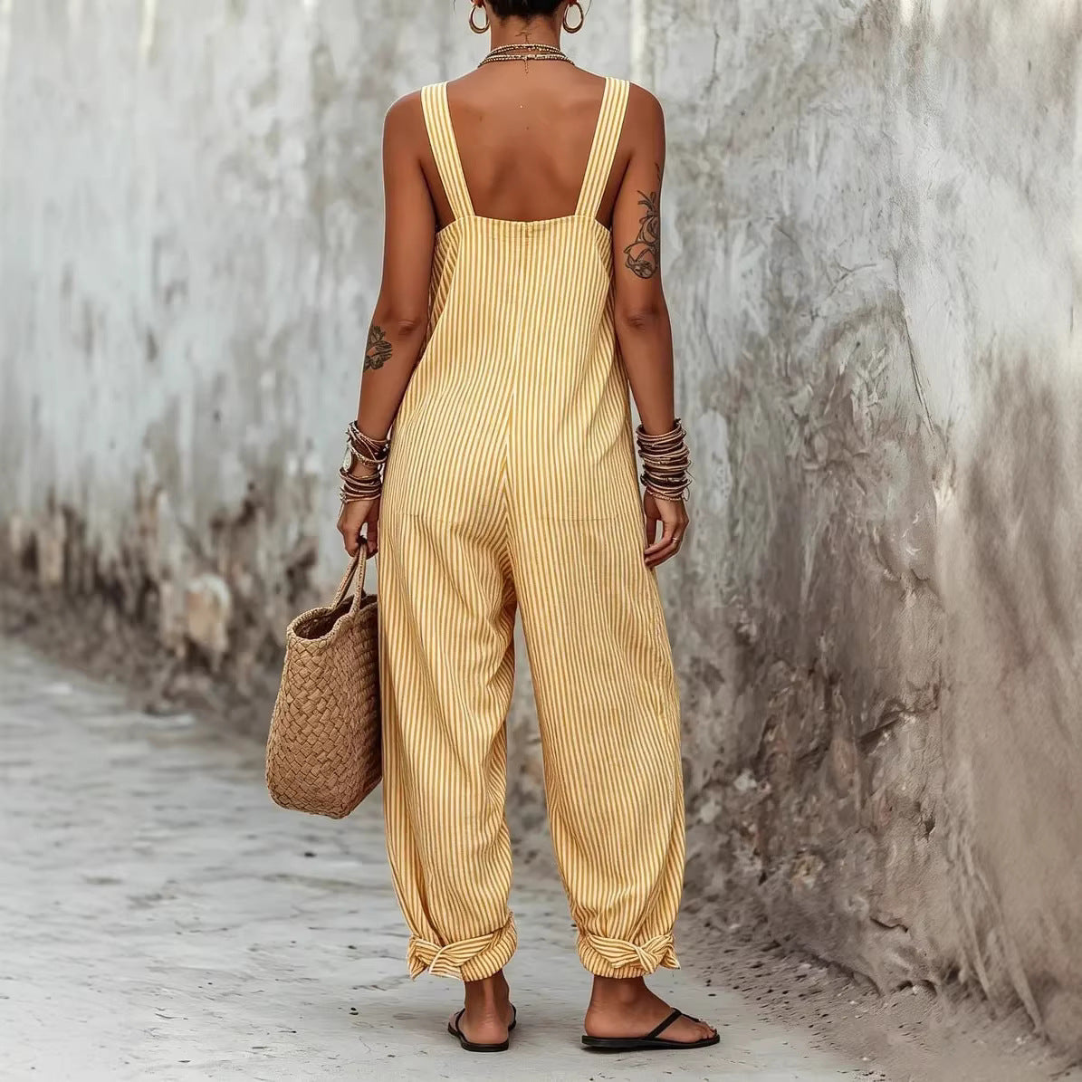 Women's Sleeveless Striped Print Loose Casual Women's Jumpsuit/clothing