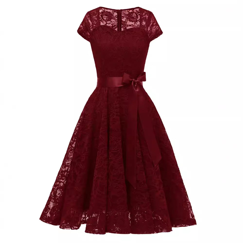Women's Elegant Lady Mid-length Lace Short-sleeved Dress Dresses