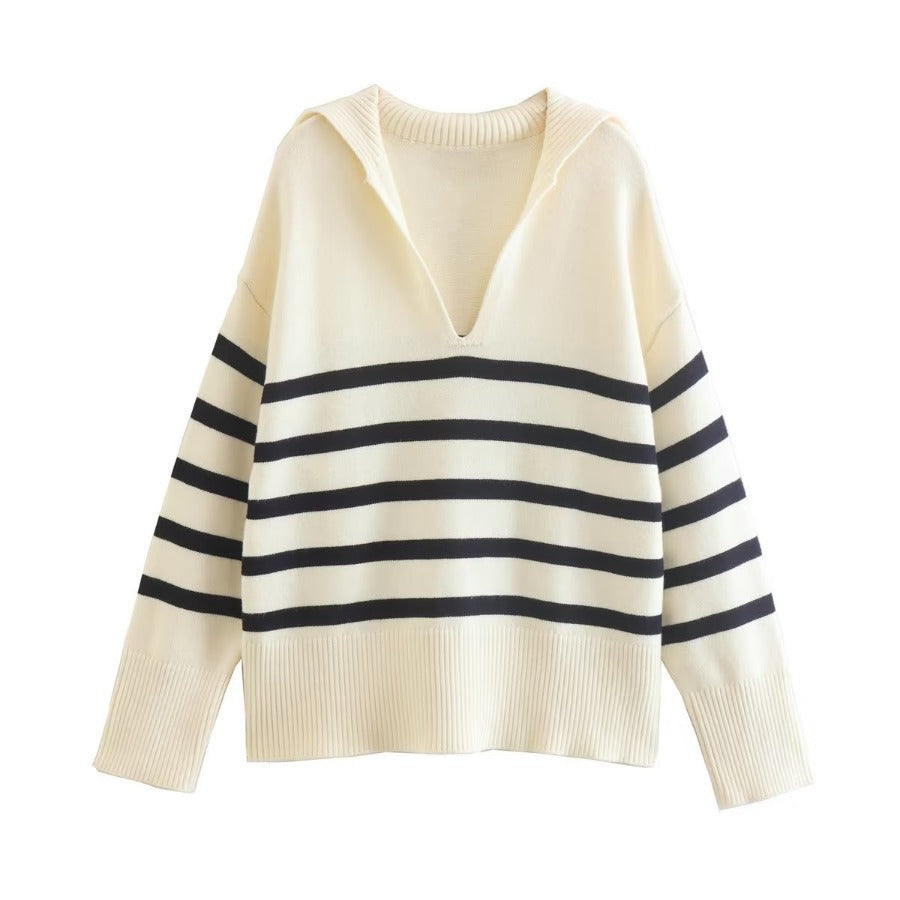 Women's V-shaped Polo Collar Stripes Loose Pullover Knitwear