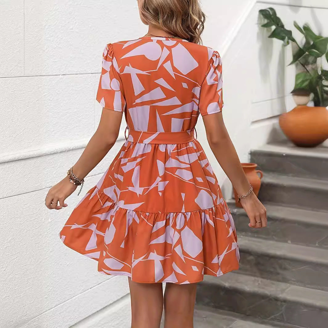 Women's Bohemian Fashion Loose Waistband Pleated Print Dress