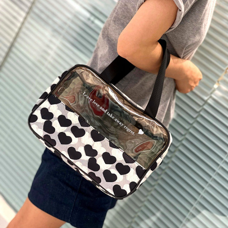 Zipper Translucent Love Peach Heart Flocking Large Capacity Portable Handbags