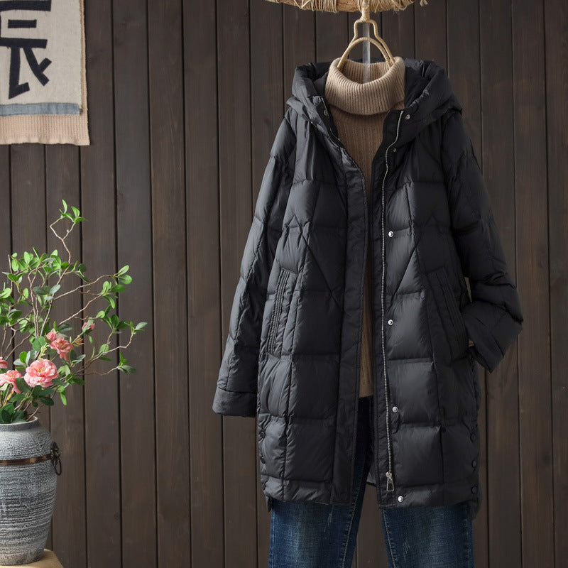 Women's Mid-length Adhesive Hooded Lightweight Down Korean Jackets