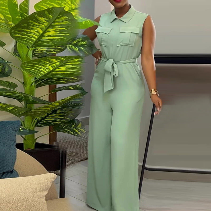 Women's Spring Lapel Pocket Waist Trimming Loose Jumpsuits