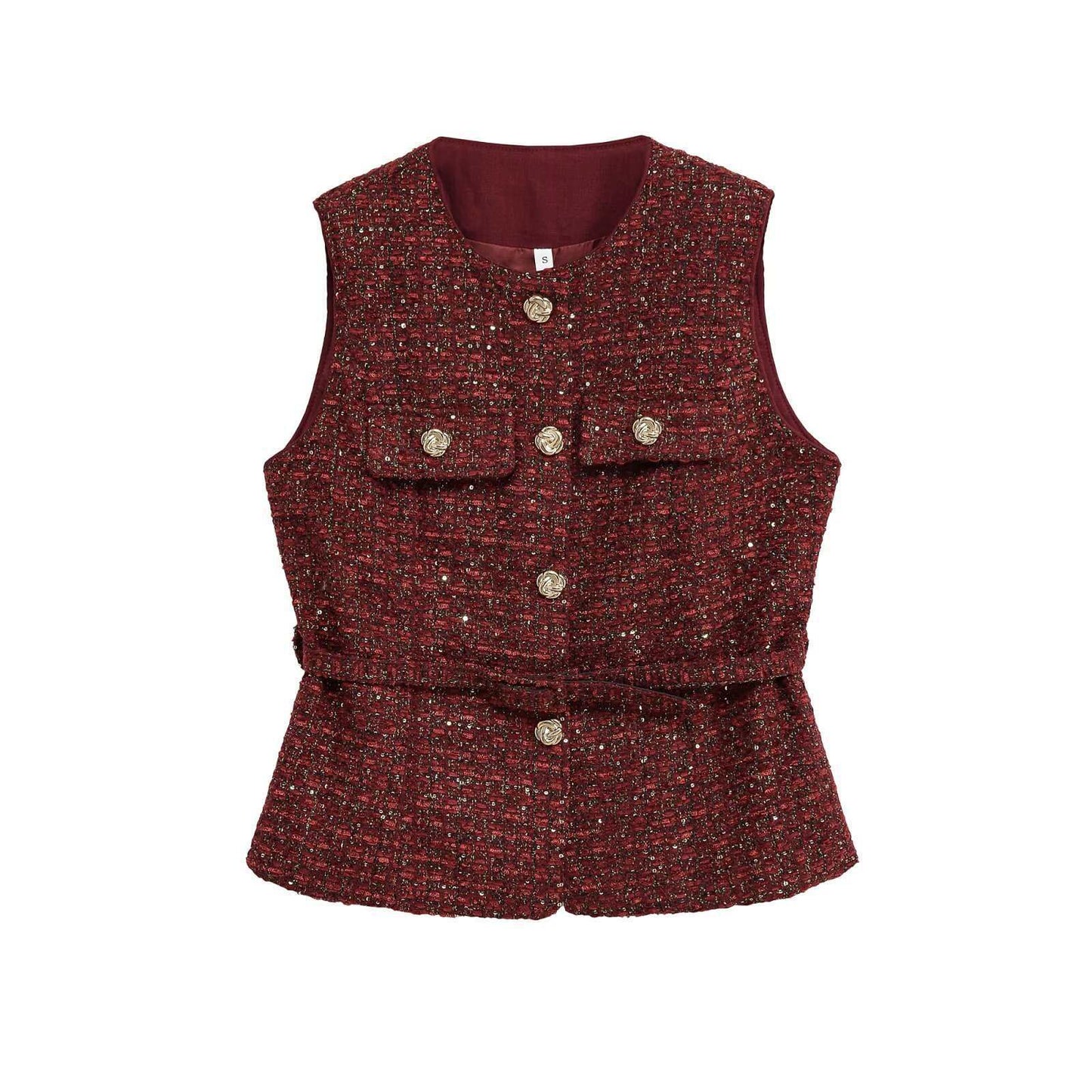 Women's Round Neck Decorative Waist Belt Classic Tops