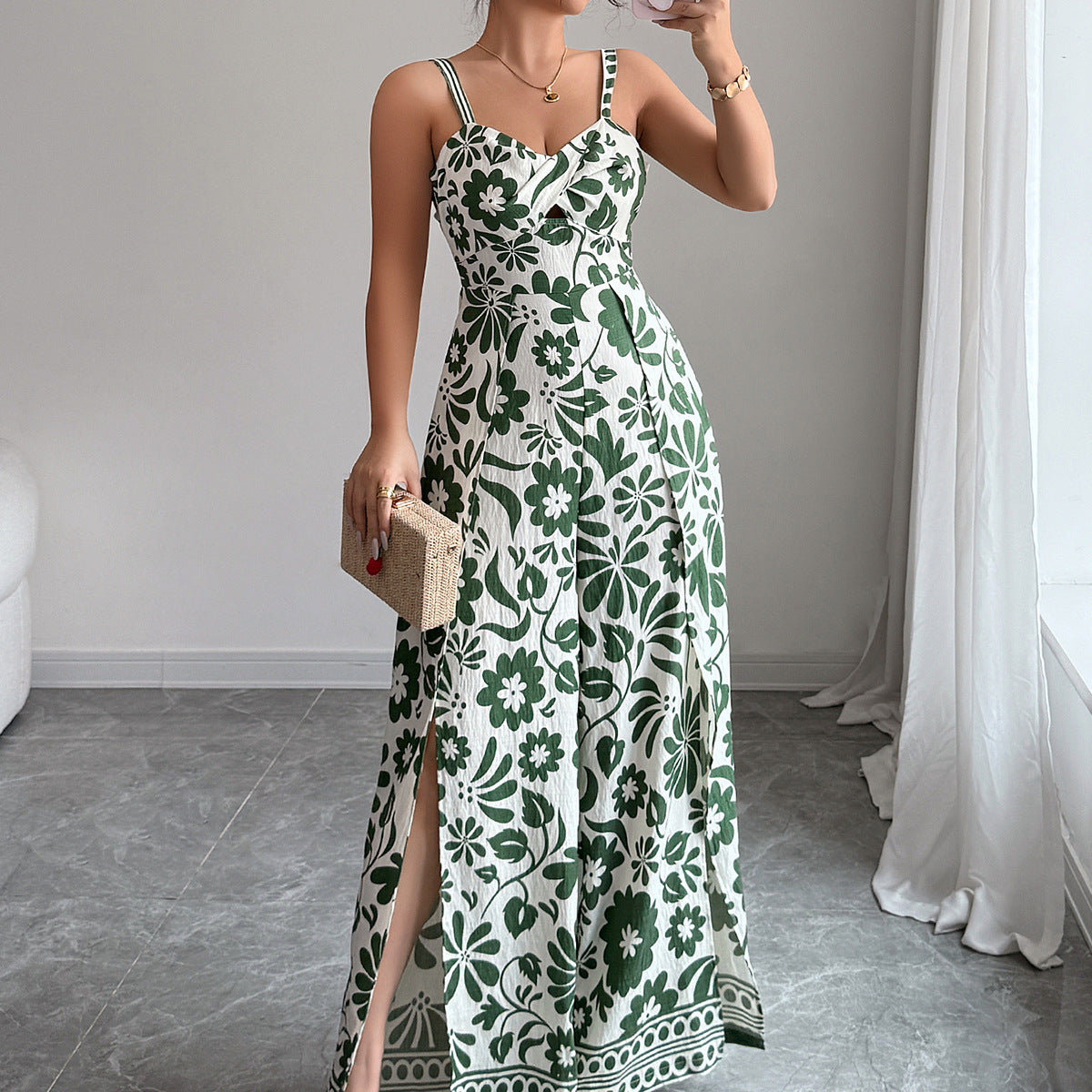 Women's Elegant Twist Print Small Sling Wide Jumpsuits