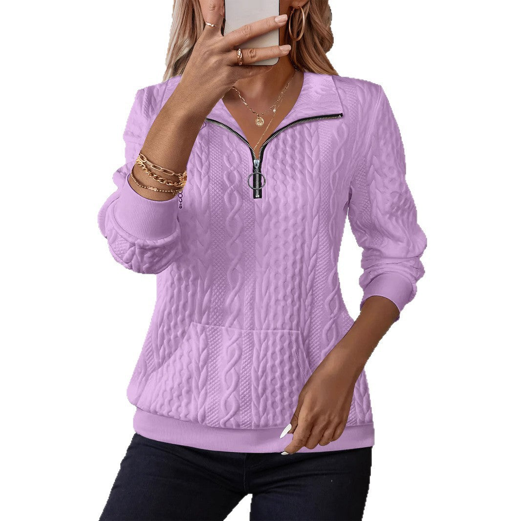 Charming Casual Lapel Sleeve Zipper Pocket Women's Sweater, Sweater