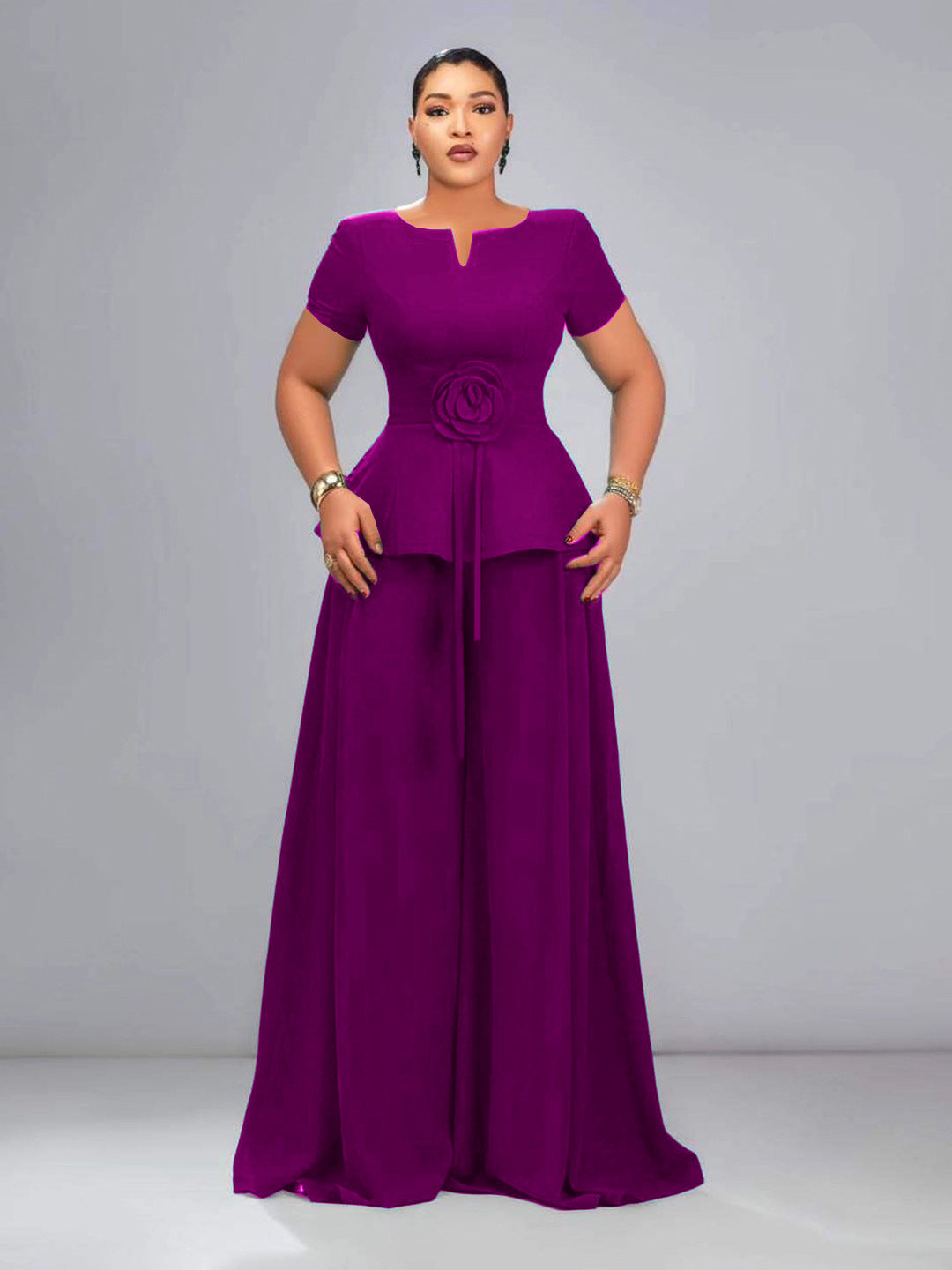 Women's Green Sleeve Ruffled Three-dimensional Flower Wide Suits