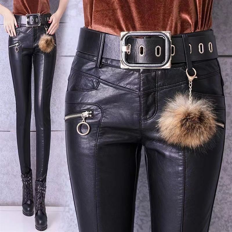 Women's Leather Outer Perforating Fleece-lined Thickened Elastic Pants