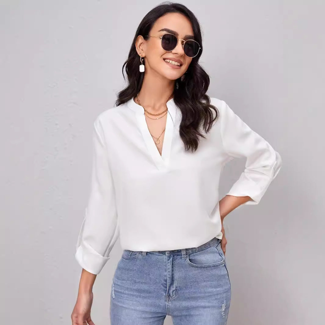 Women's Casual Workplace Cuff Can Be Fixed Roll Sleeve Women's T-shirt
