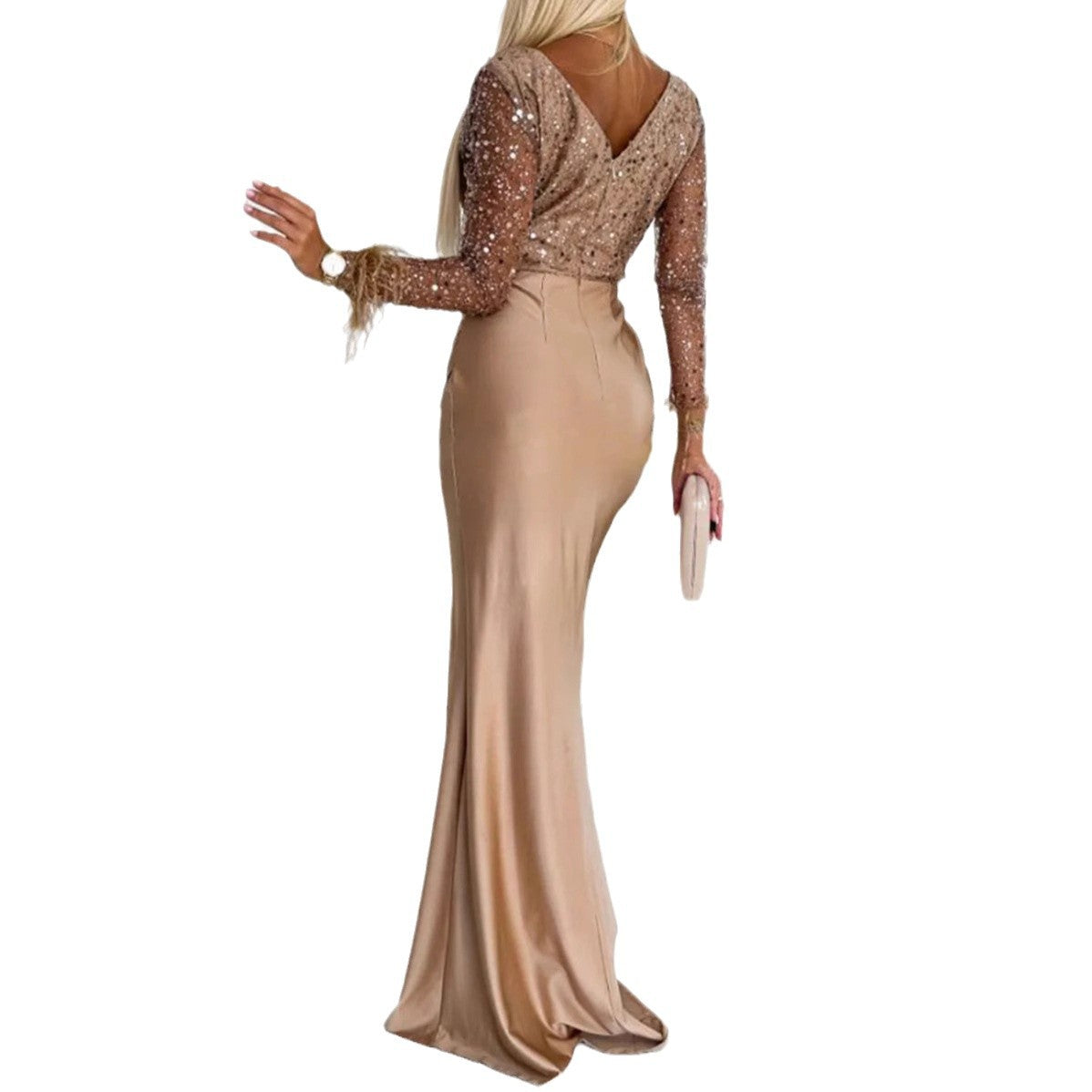 Women's Winter Long Sleeve Waist Slit Sequined Feather Dress
