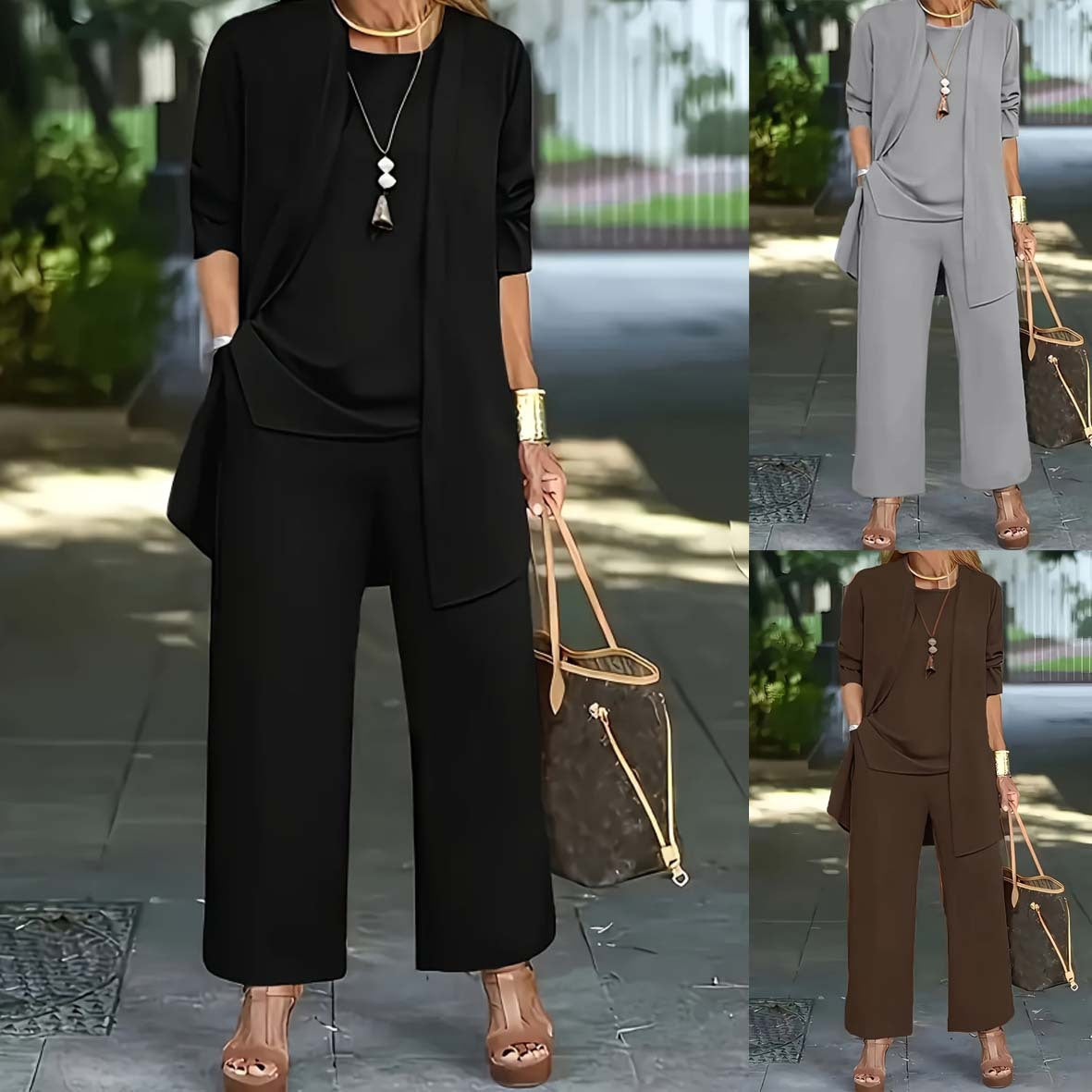 Women's Color Leisure Commute Trousers Long Sleeve Three-piece Set Fashion Casual Suit