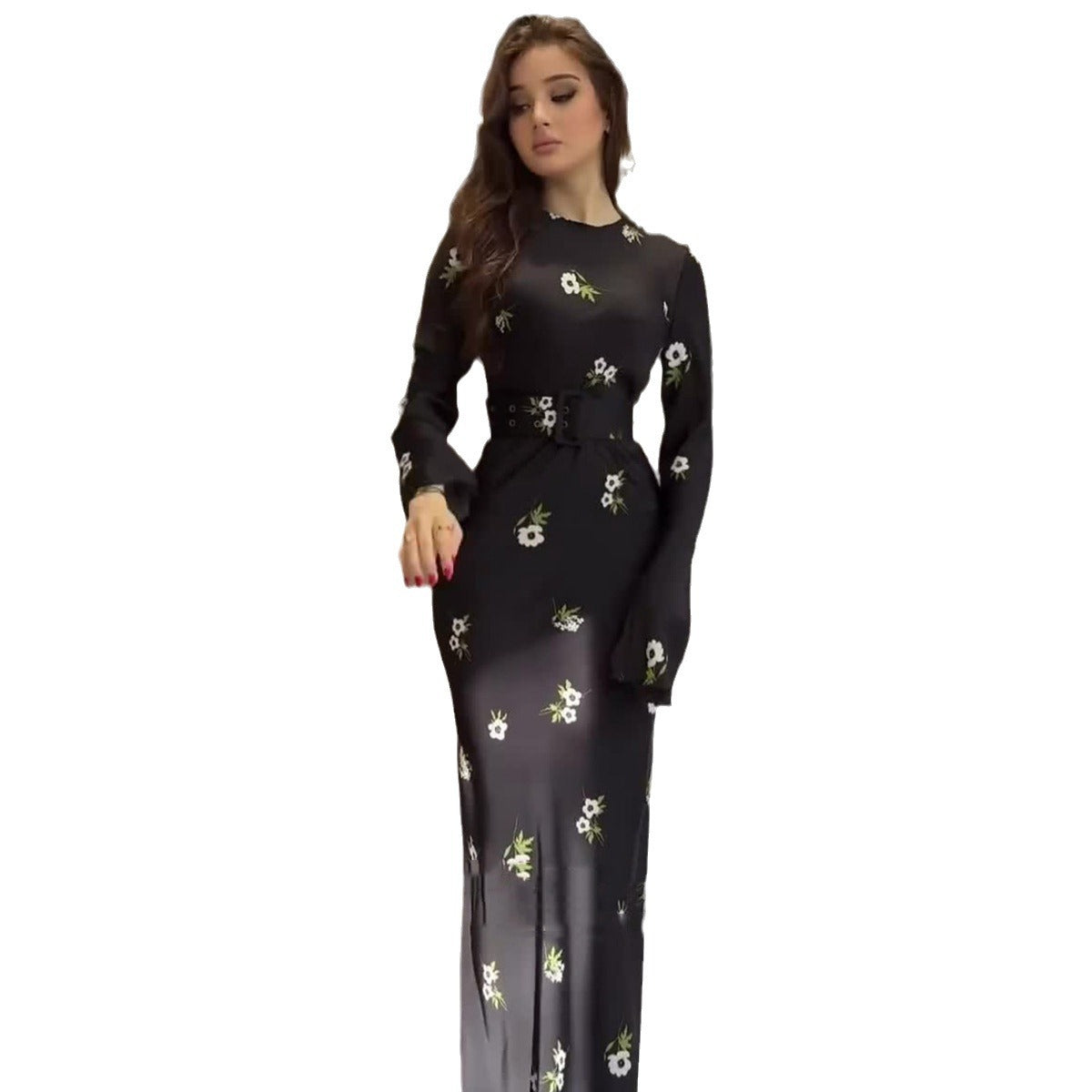 Long Sleeve Round Neck Ice Silk Breathable Flower Dresses