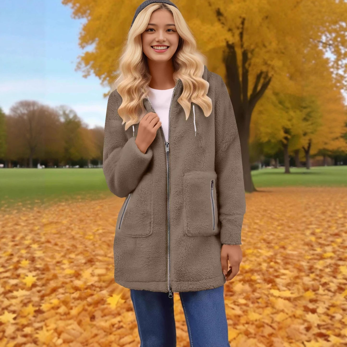 Casual Fashionable Zipper Pocket Lamb Wool Coats