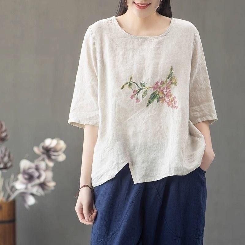 Women's Cotton Linen Summer Thin Embroidered Large Loose Artistic Retro Chinese Women's T-shirt