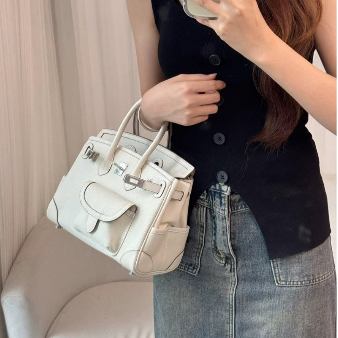 Unique Canvas With Cowhide Pocket Fashion Handbags