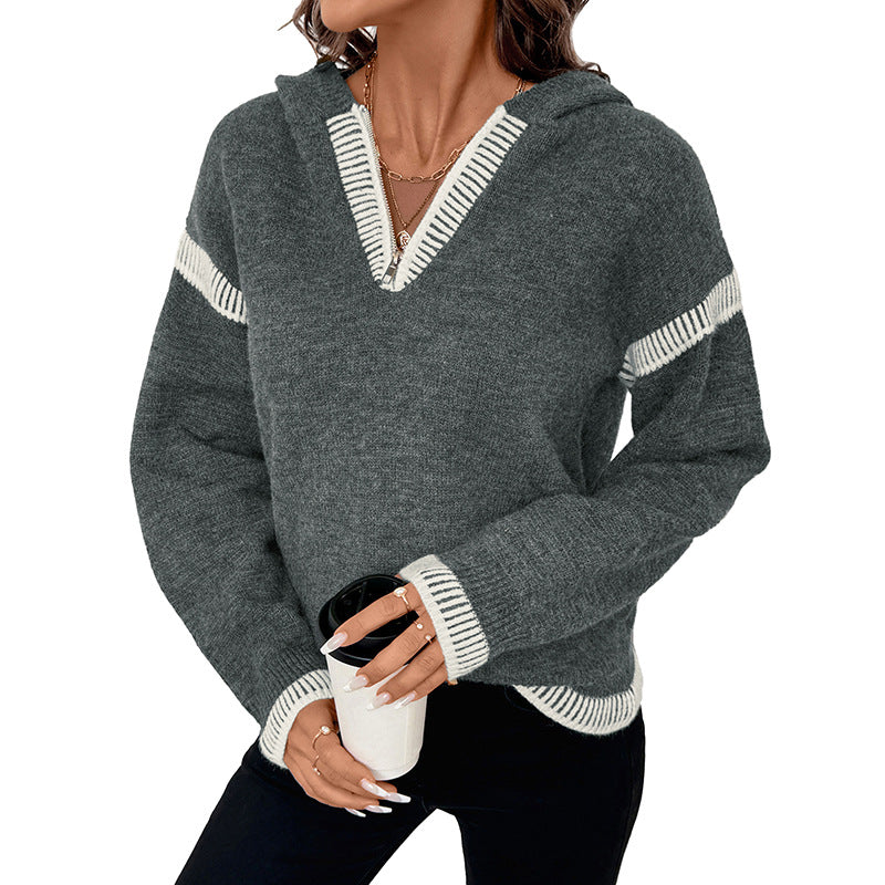 Casual Loose Hooded Dark Gray Contrast Sweaters
