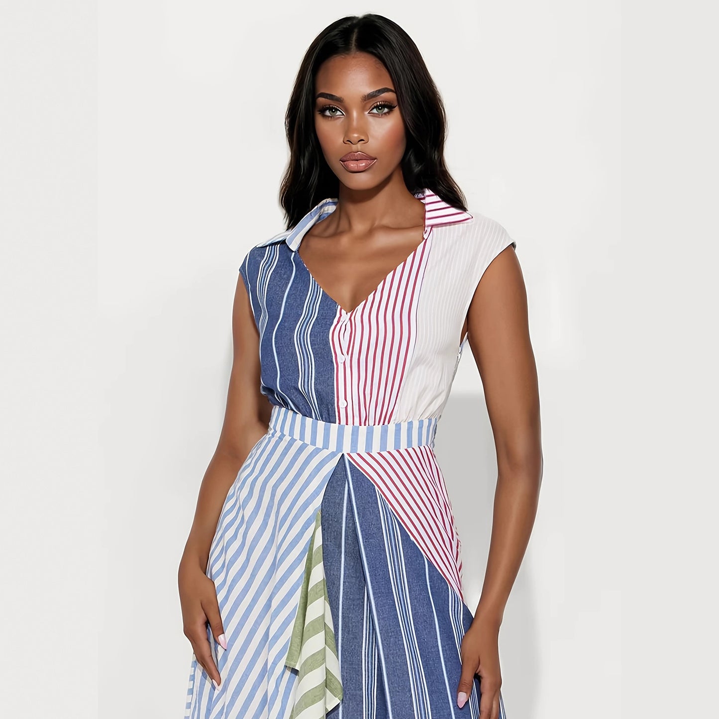 Women's Contrast Color Patchwork Stripes Dress Irregular Dresses
