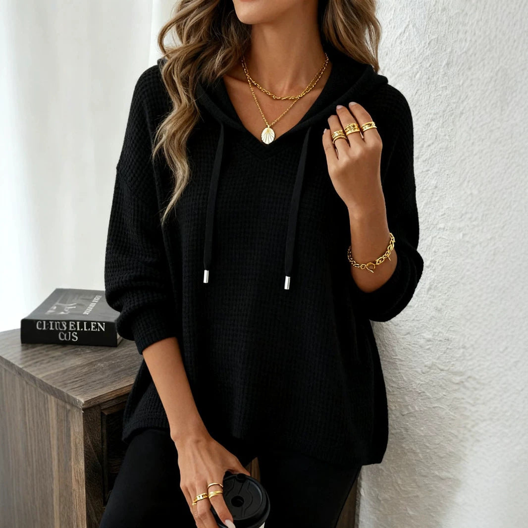 Women's Fashion Waffle Pullover Solid Color Hoodie Tops