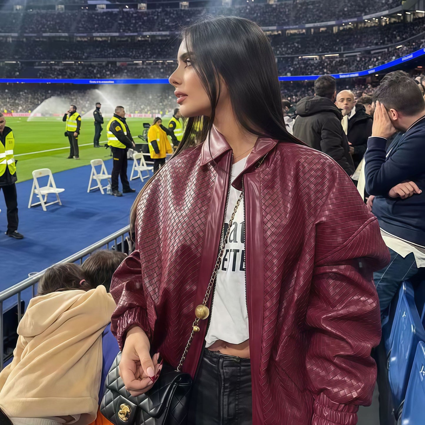 Autumn Wine Red Diamond Plaid Lapel Leather Jackets