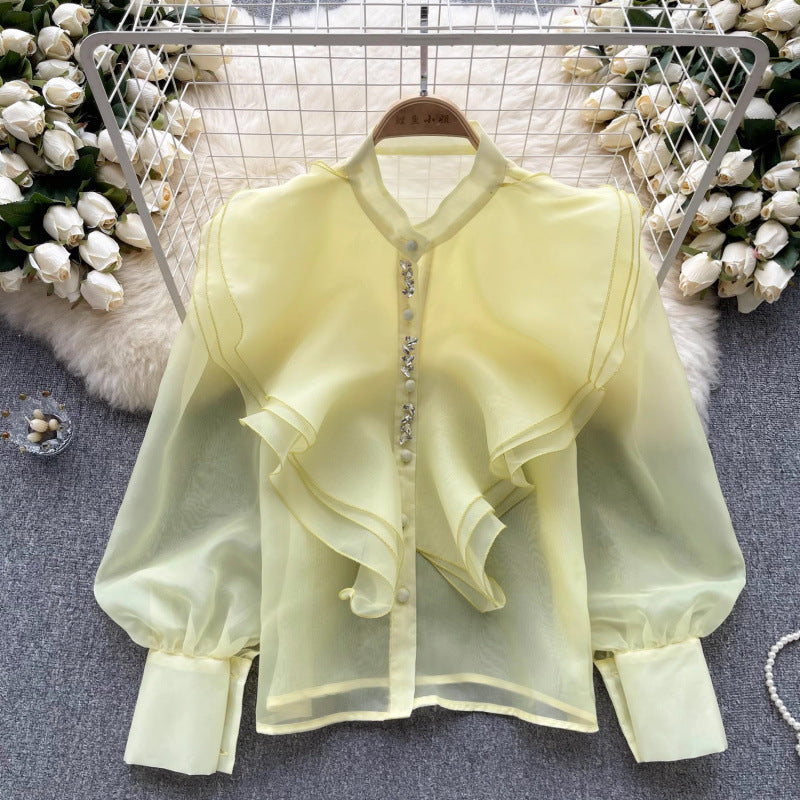 Women's Autumn Light Luxury Fairy Style Ruffled Long-sleeved Shirt Mesh Blouses