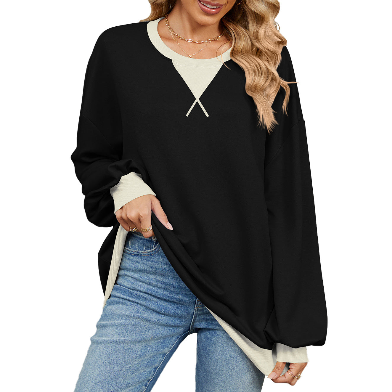 Women's Contrast Color Round Neck Loose Long Women's Sweater, Sweater