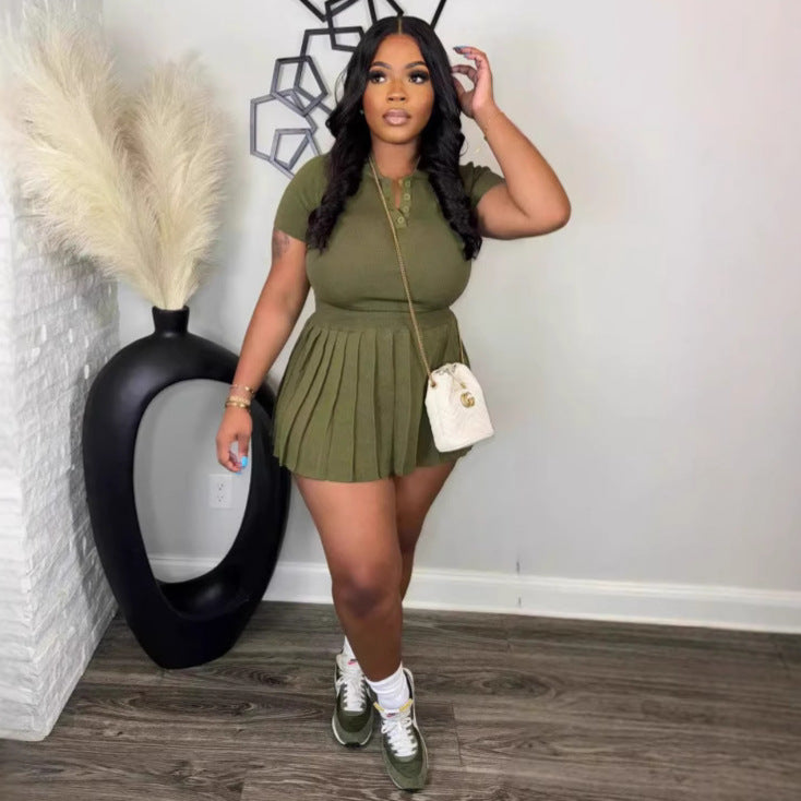 Women's Collar Breasted Pleated Knitted Two-piece Suits