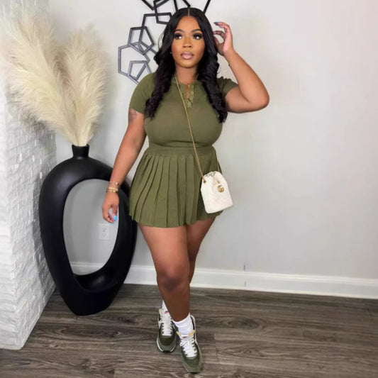 Women's Collar Breasted Pleated Knitted Two-piece Suits