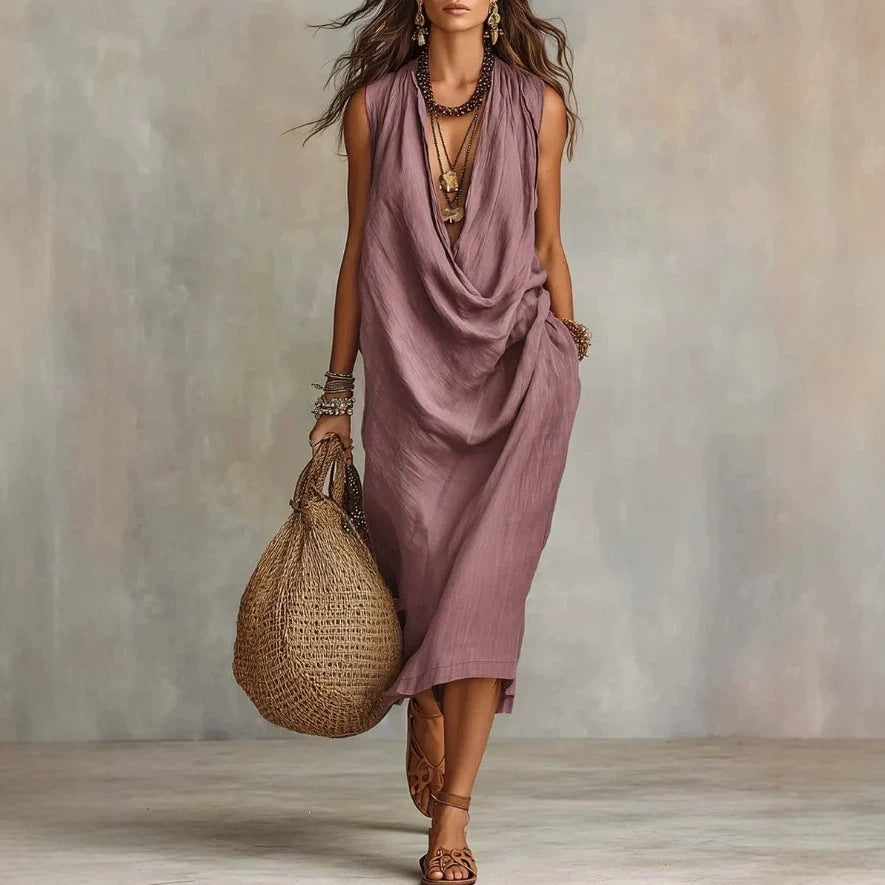 Women's Casual Sleeve Loose Swing Collar Cotton Linen Dress