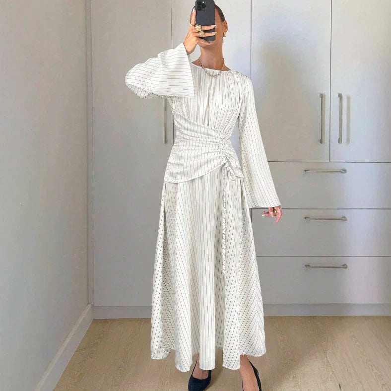 Vertical Stripes Long Sleeve Round Neck Pleated Nipped Waist Slimming Dress