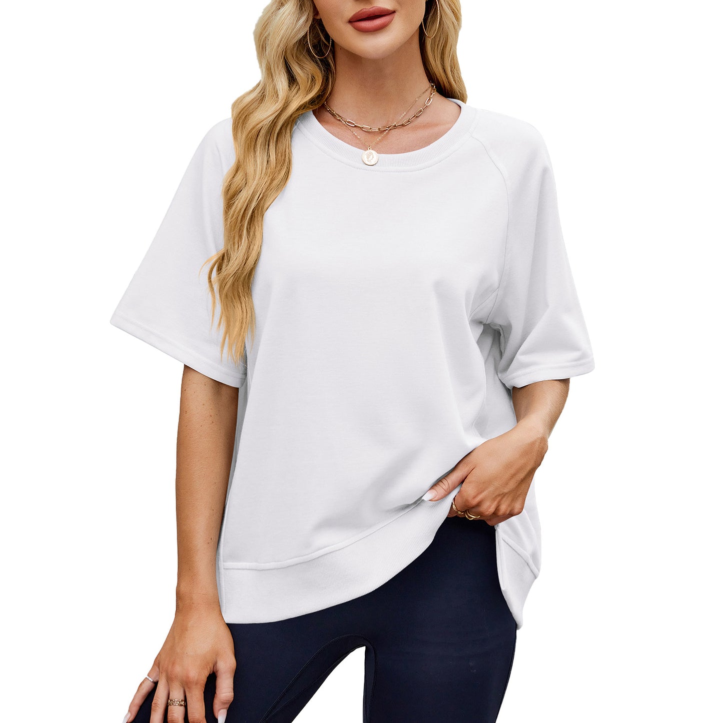 Women's Solid Color Thread Round Neck Shirt With Half Sleeve Shorts