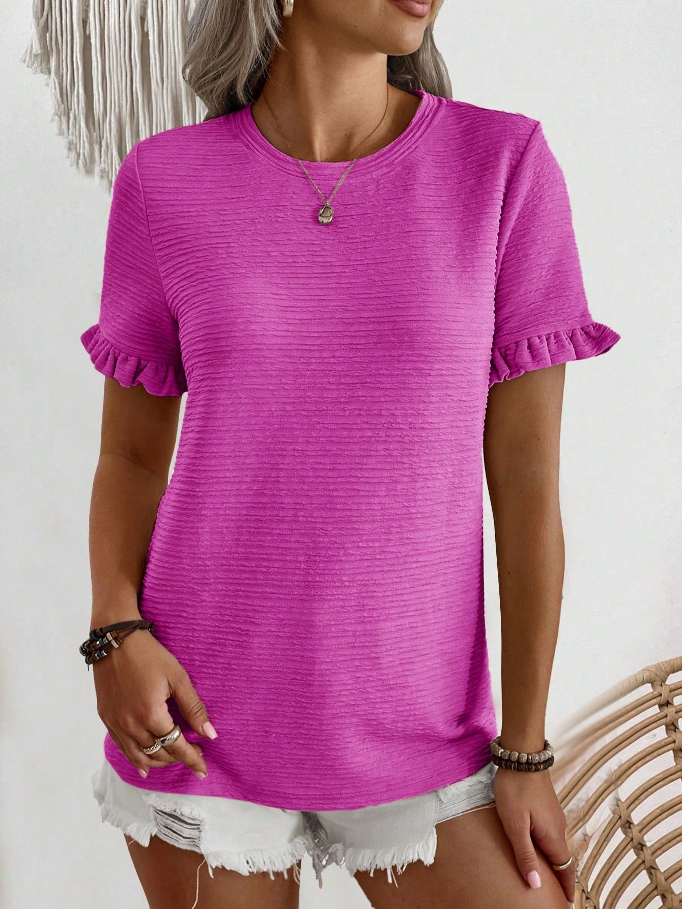 Women's Summer Round Neck Wooden Ear Sleeve Women's T-shirt